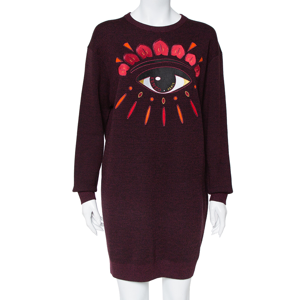 Pre-owned Kenzo Burgundy Wool Eye Embroidered Sweater Dress M