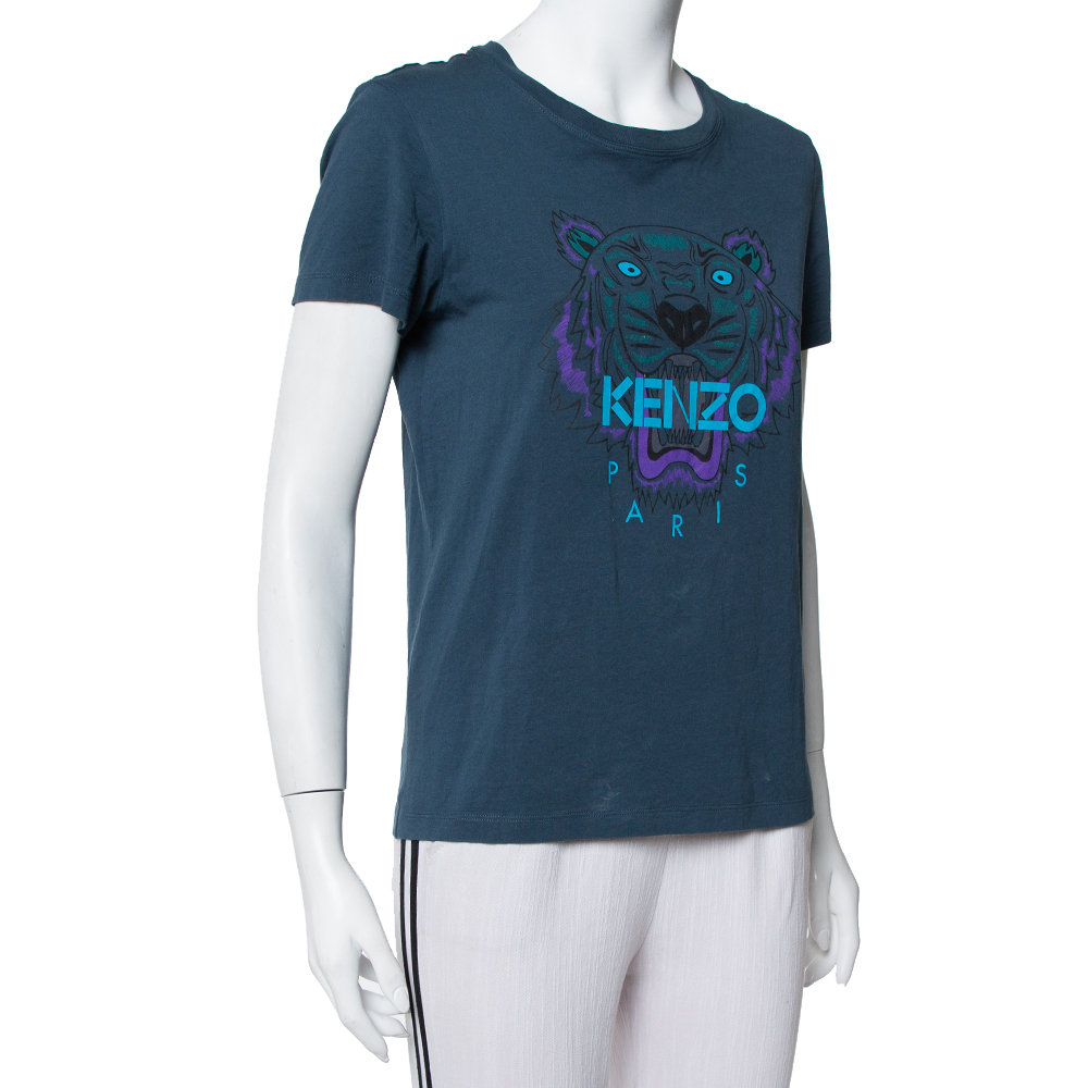 

Kenzo Teal Green Tiger Printed Cotton Crewneck T-Shirt