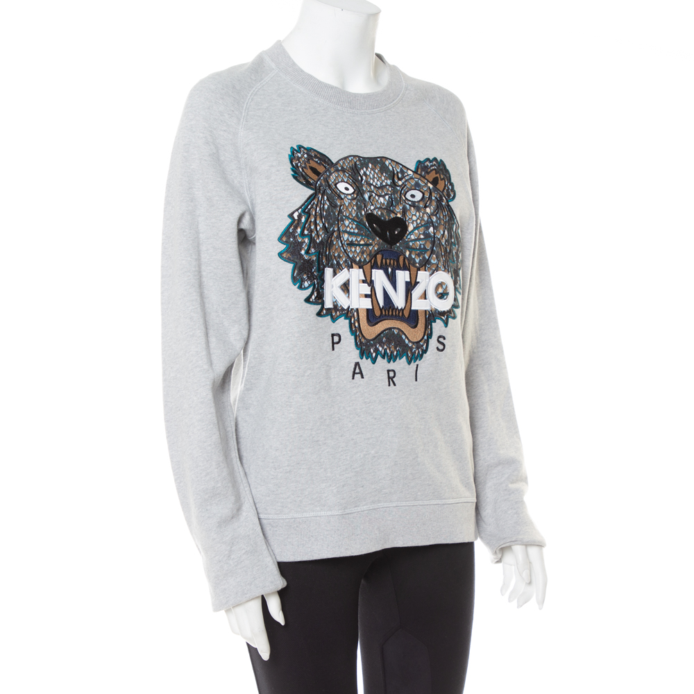 

Kenzo Grey Tiger Motif Embroidered Cotton Crewneck Sweatshirt