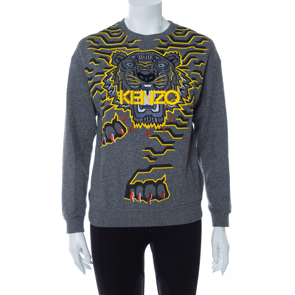 Pre-owned Kenzo Grey Tiger Motif Embroidered Cotton Sweatshirt S