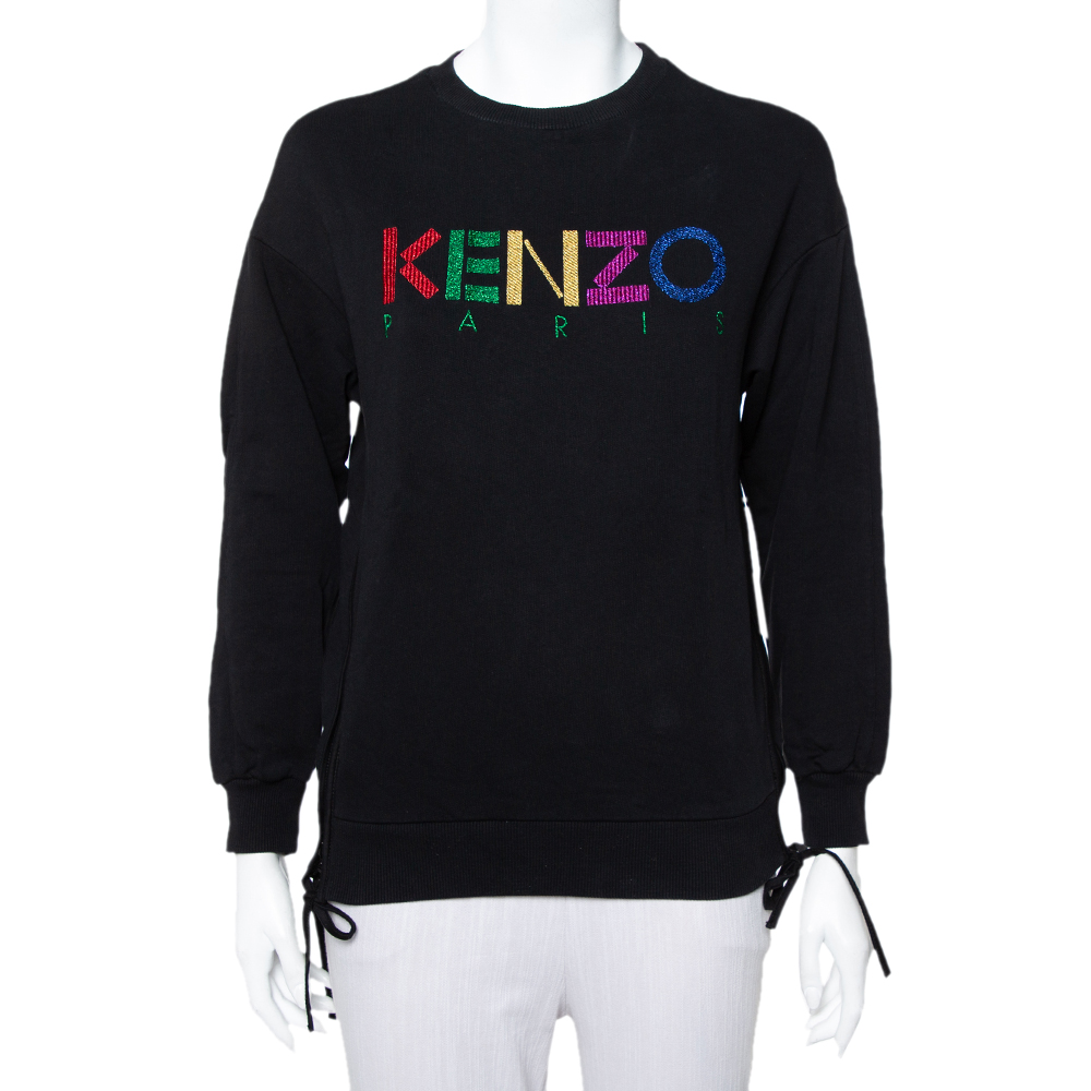 Pre-owned Kenzo Black Knit Logo Embroidered Side Zip Detail Sweatshirt S