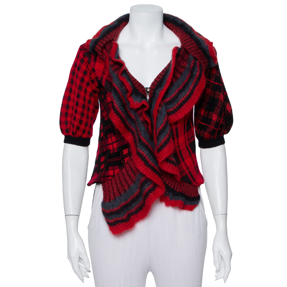 Pre-owned Kenzo Defile Red & Black Wool & Mohair Ruffled Button Front Short Cardigan S