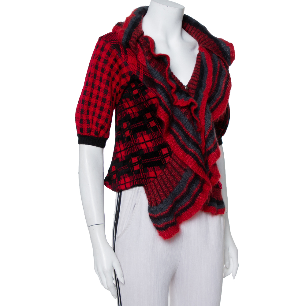 

Kenzo Defile Red & Black Wool & Mohair Ruffled Button Front Short Cardigan