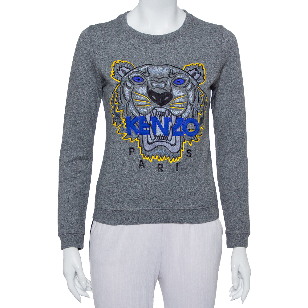 Pre-owned Kenzo Grey Cotton Tiger Embroidered Crewneck Sweater S