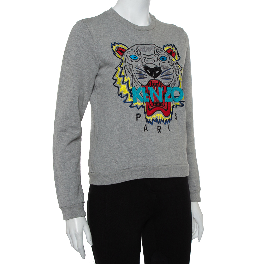 

Kenzo Grey Tiger Logo Embroidered Cotton Crewneck Sweatshirt