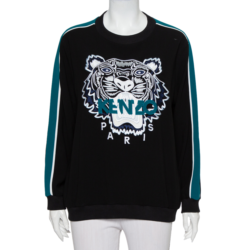 Pre-owned Kenzo Black Crepe Tiger Logo Embroidered Contrast Detail Crewneck Sweatshirt L