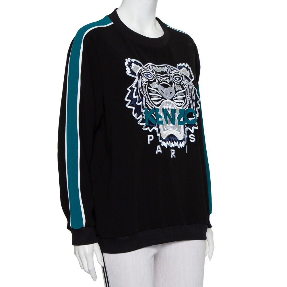 

Kenzo Black Crepe Tiger Logo Embroidered Contrast Detail Crewneck Sweatshirt