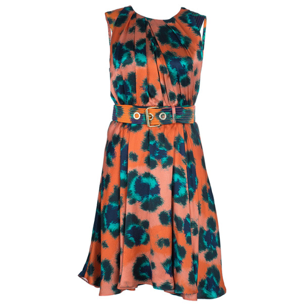 Pre Owned Kenzo Orange Multicolor Print Belted Dress S