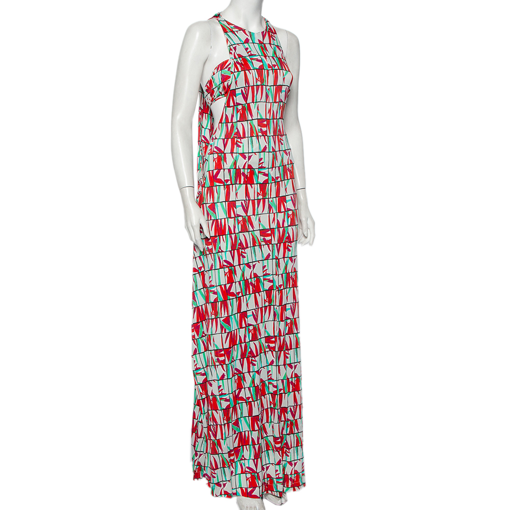 

Kenzo Multicolor Block Flower Printed Jersey Overlay Detail Maxi Dress