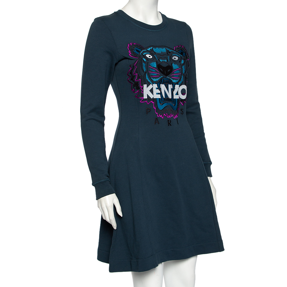 

Kenzo Teal Tiger Embroidered Cotton Sweater Dress, Green