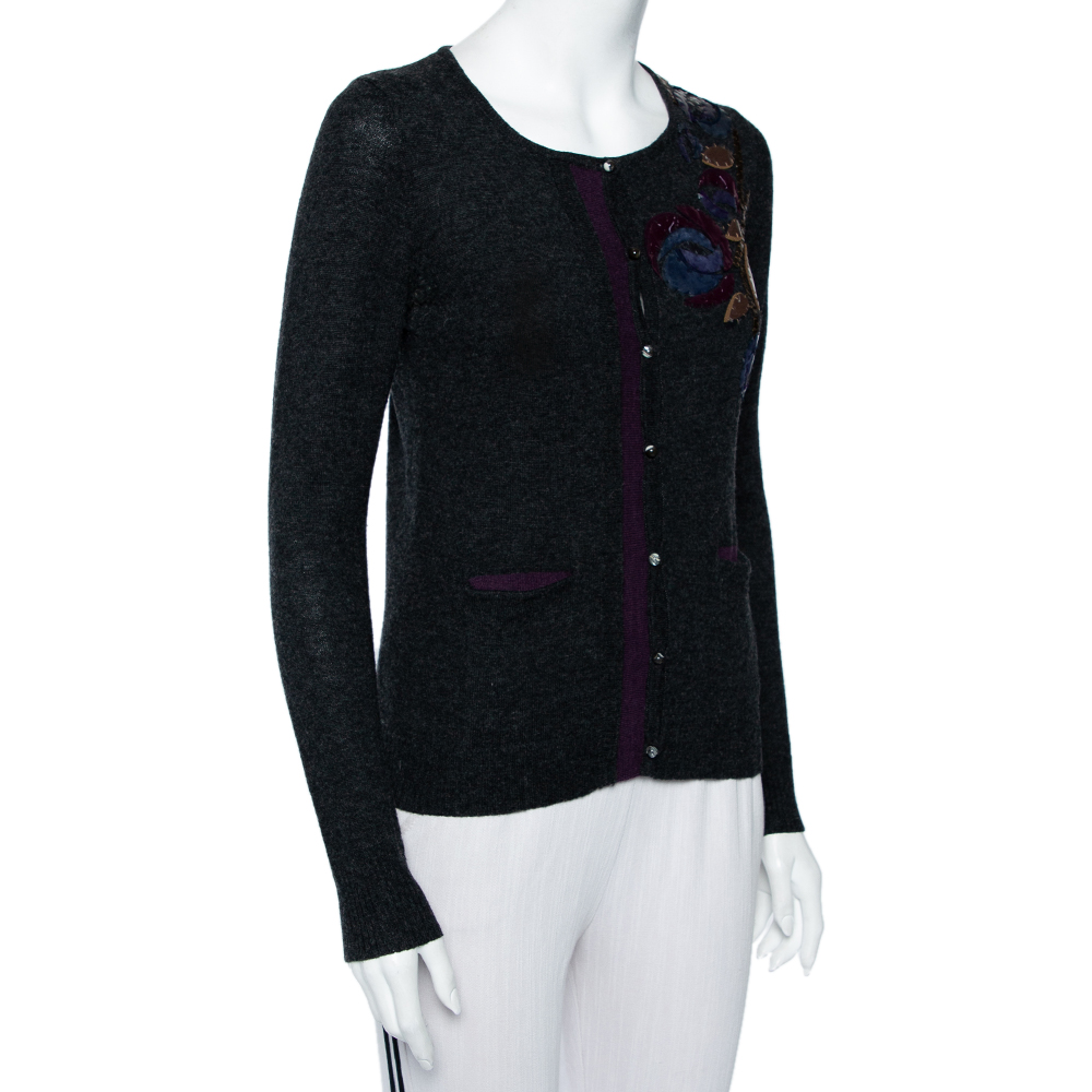 

Kenzo Charcoal Grey Wool & Silk Applique Detail Button Front Cardigan