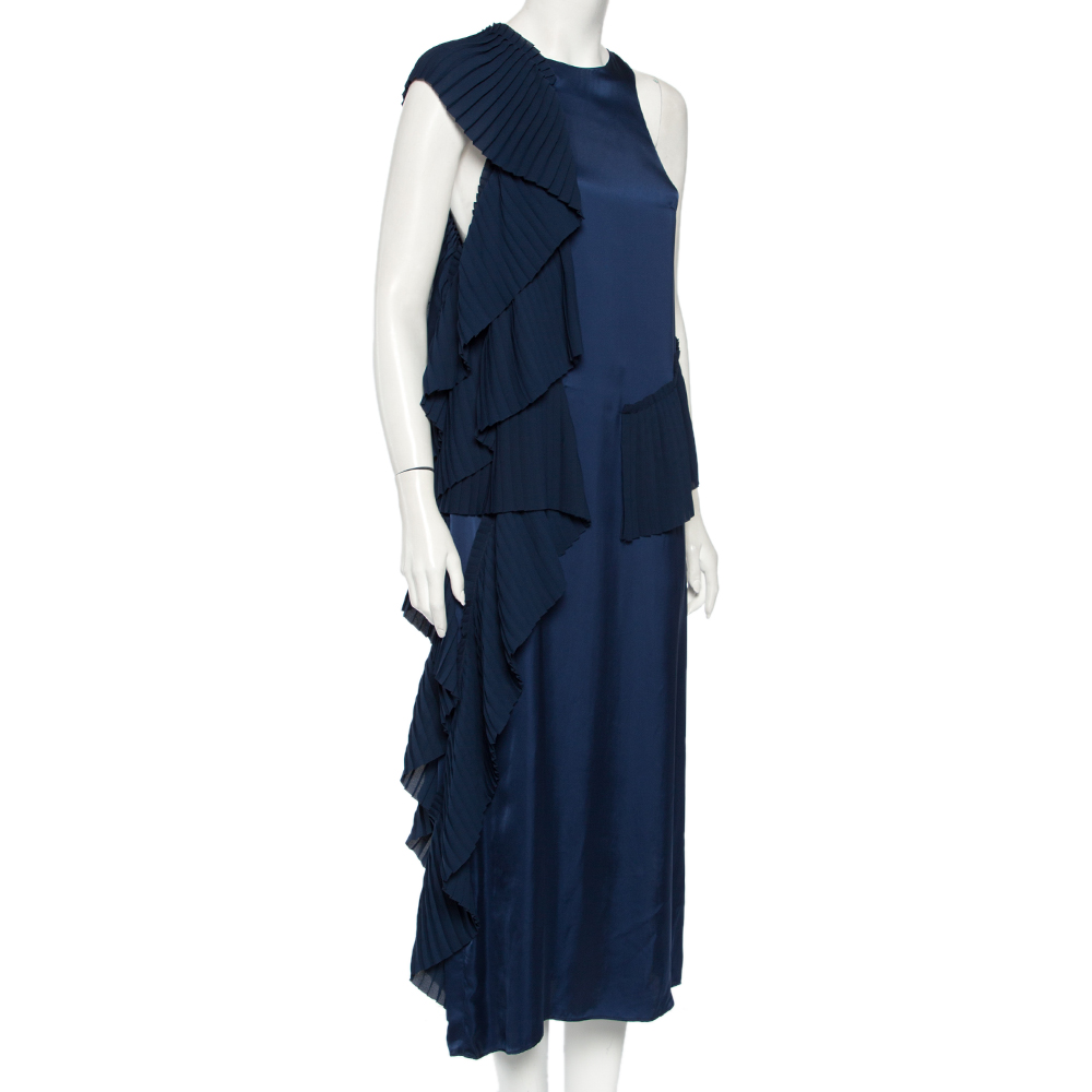 

Kenzo Navy Blue Cupro Asymmetrical Pleated Detail Long Dress