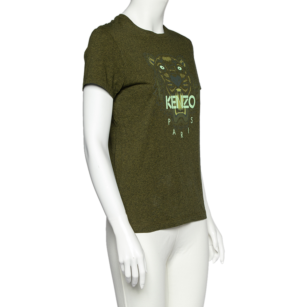 

Kenzo Olive Green Tiger Print Melange Cotton Crew Neck T-Shirt