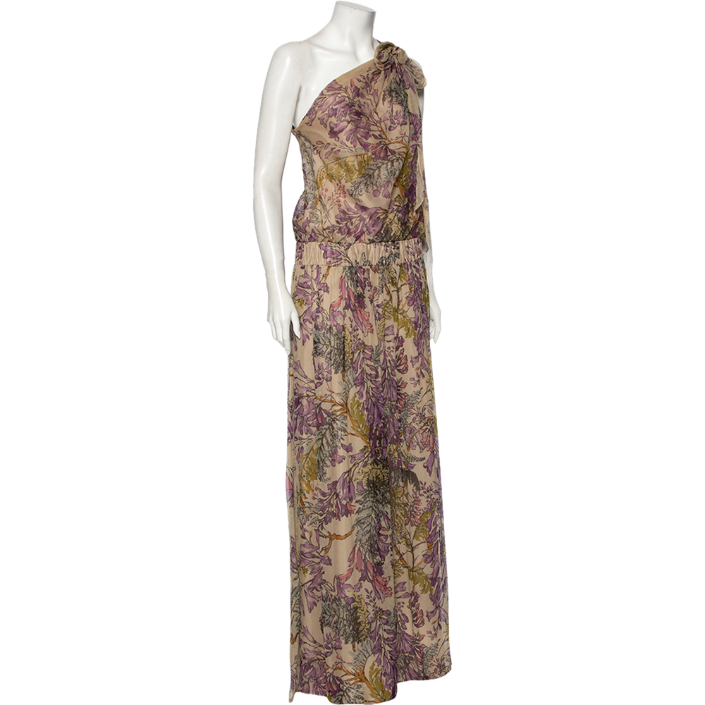 

Kenzo Pale Beige Floral Printed Silk Cinched Waist Detail Tie-Up Maxi Dress