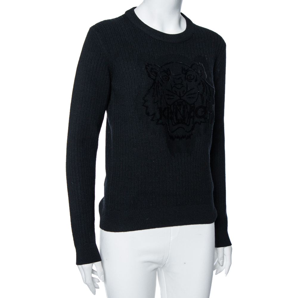 

Kenzo Black Wool Knit Flocked Tiger Detailed Sweater