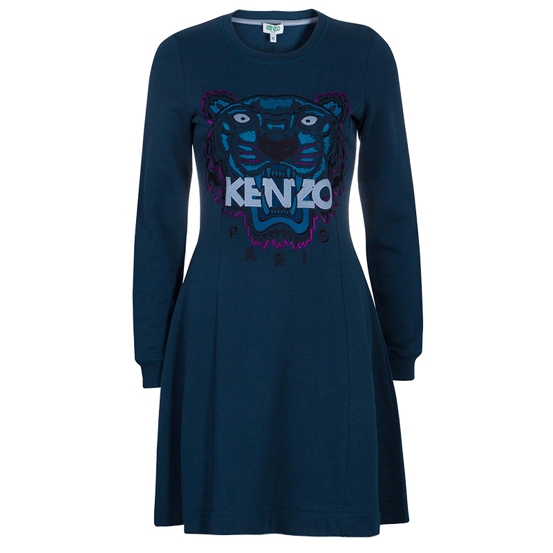Kenzo Teal Tiger Embroidered Sweater Dress XS