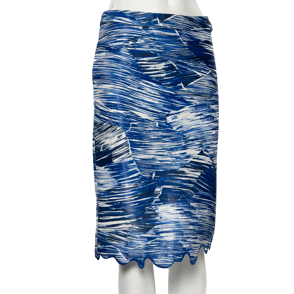 

Kenzo Blue Broken Waves Printed Silk Embroidered Hem Pencil Skirt