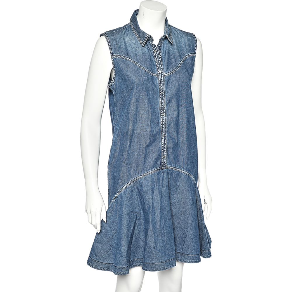 

Kenzo Indigo Denim Ruffle Bottom Sleeveless Dress, Blue