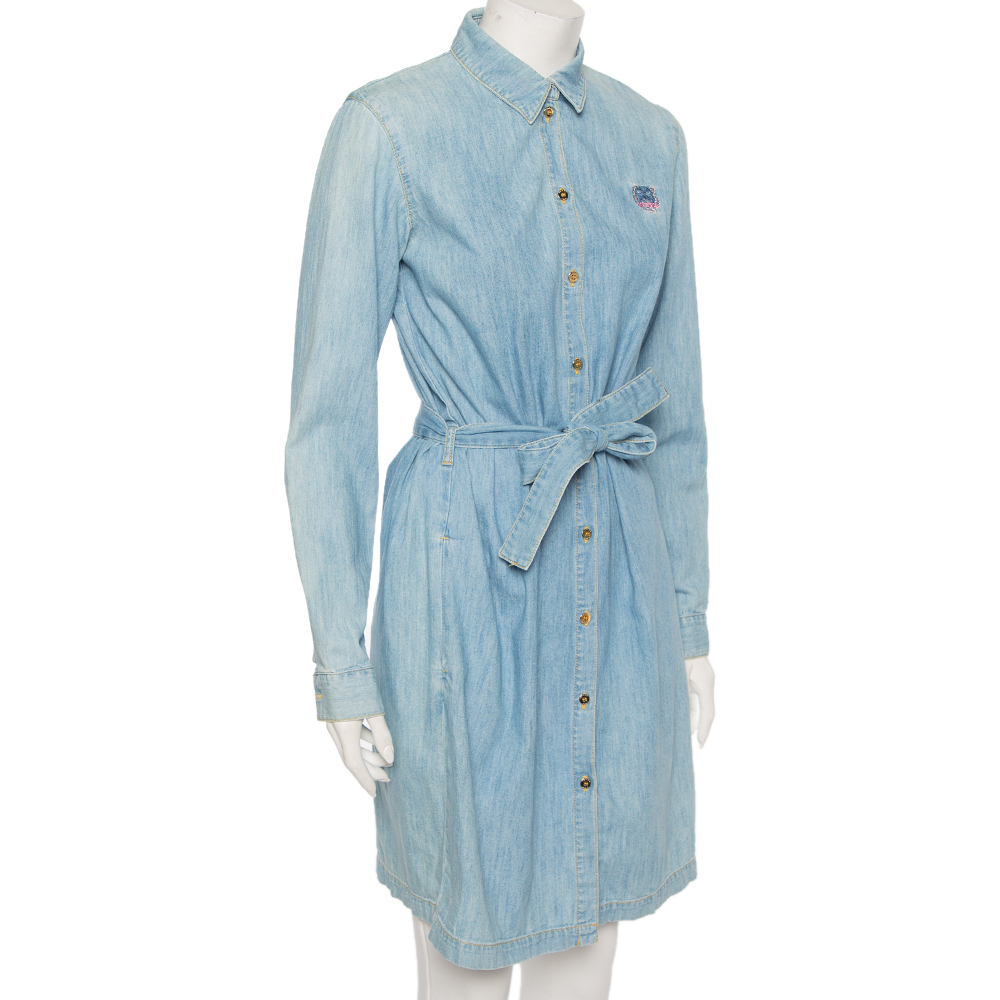 

Kenzo Blue Denim Tiger Motif Embroidered Button Front Belted Shirt Dress