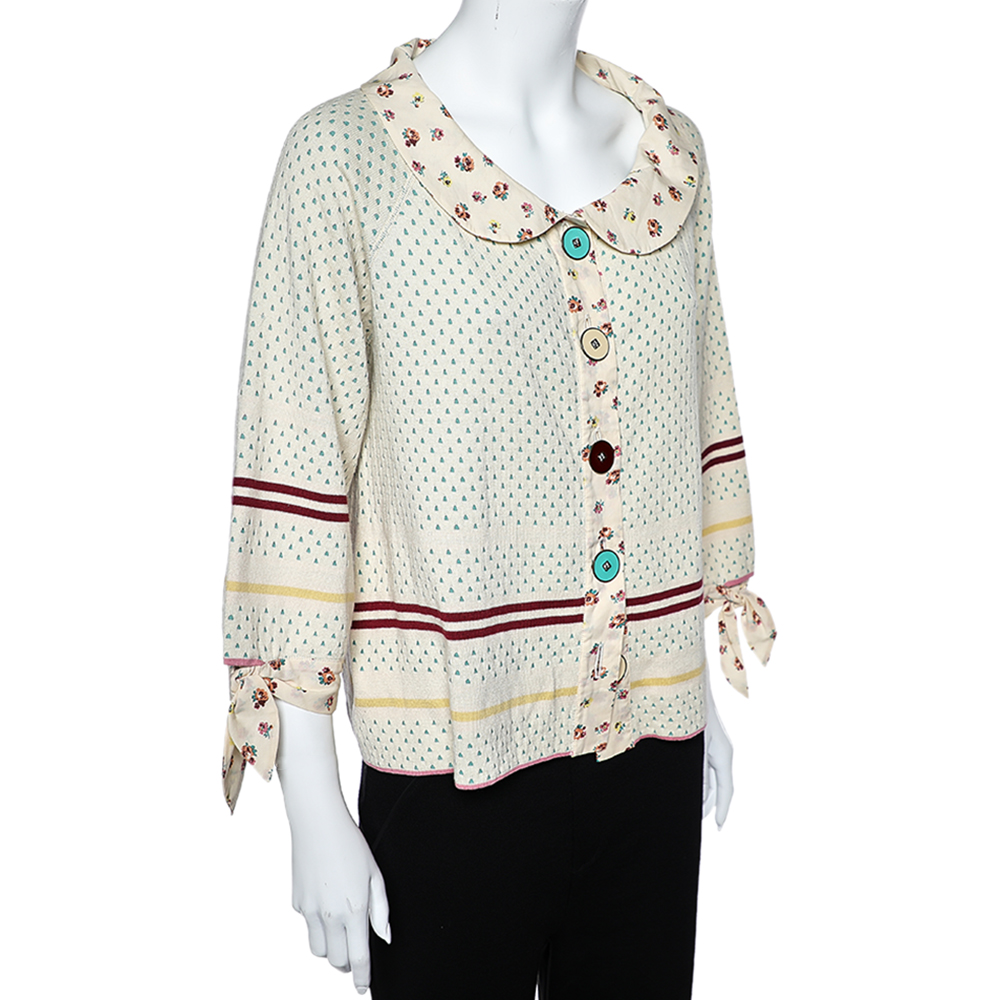 

Kenzo Cream Patterned Knit & Cotton Trim Detail Button Front Sweater Top