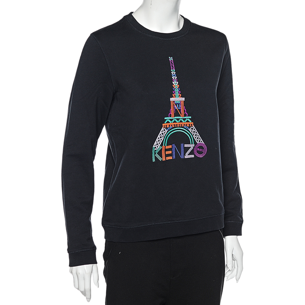 

Kenzo Black Eiffel Tower Logo Embroidered Cotton Crewneck Sweatshirt