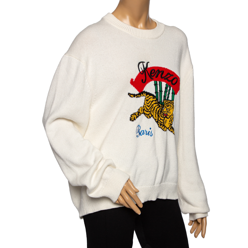 

Kenzo Off White Cotton Knit Jumping Tiger Logo Embroidered Sweater