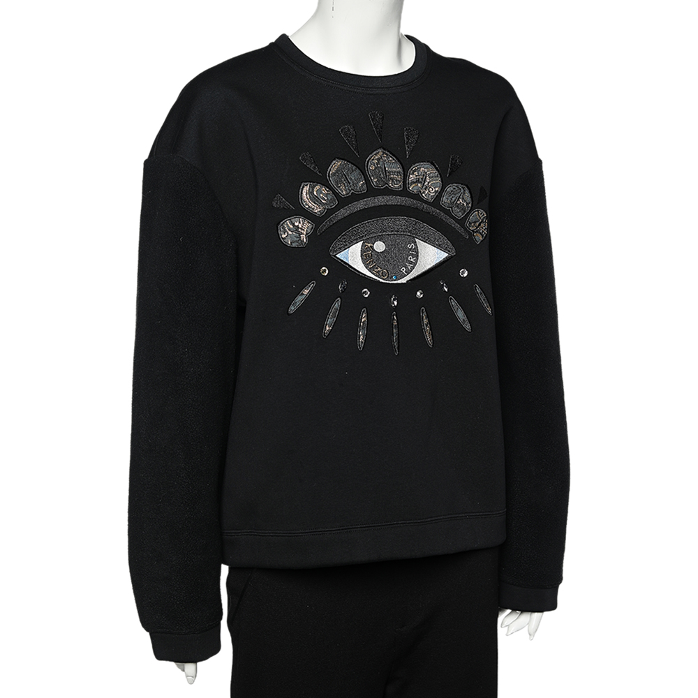 

Kenzo Black Fleece Lined Lotus Eye Embroidered Neoprene Sweatshirt