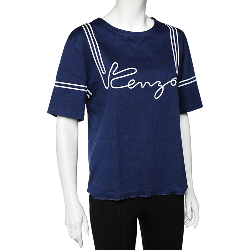

Kenzo Navy Blue Cotton Logo Trim Detail T-Shirt
