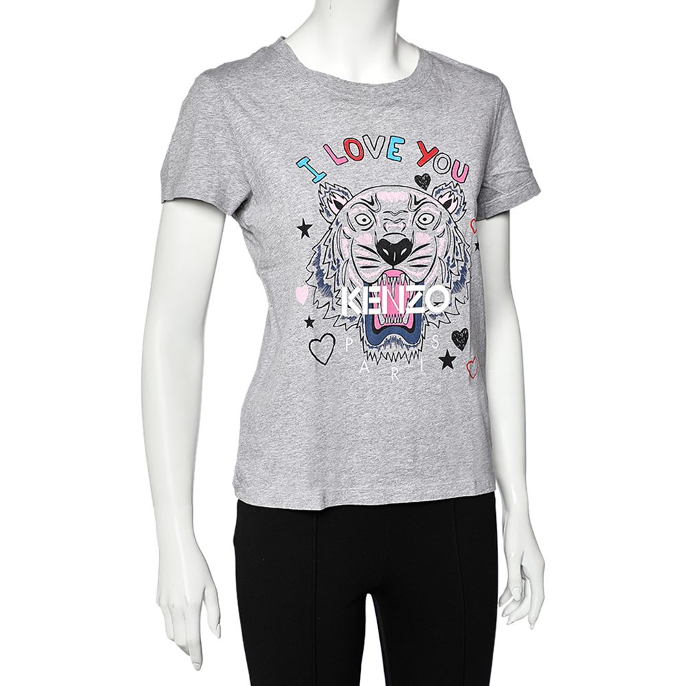 

Kenzo Grey Tiger I Love You Printed Cotton Crewneck T-Shirt