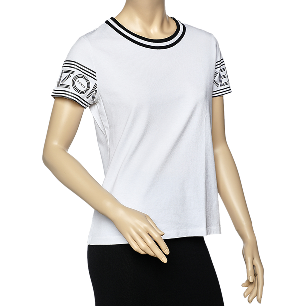

Kenzo White Logo Cotton Printed Sleeve Round Neck T-Shirt