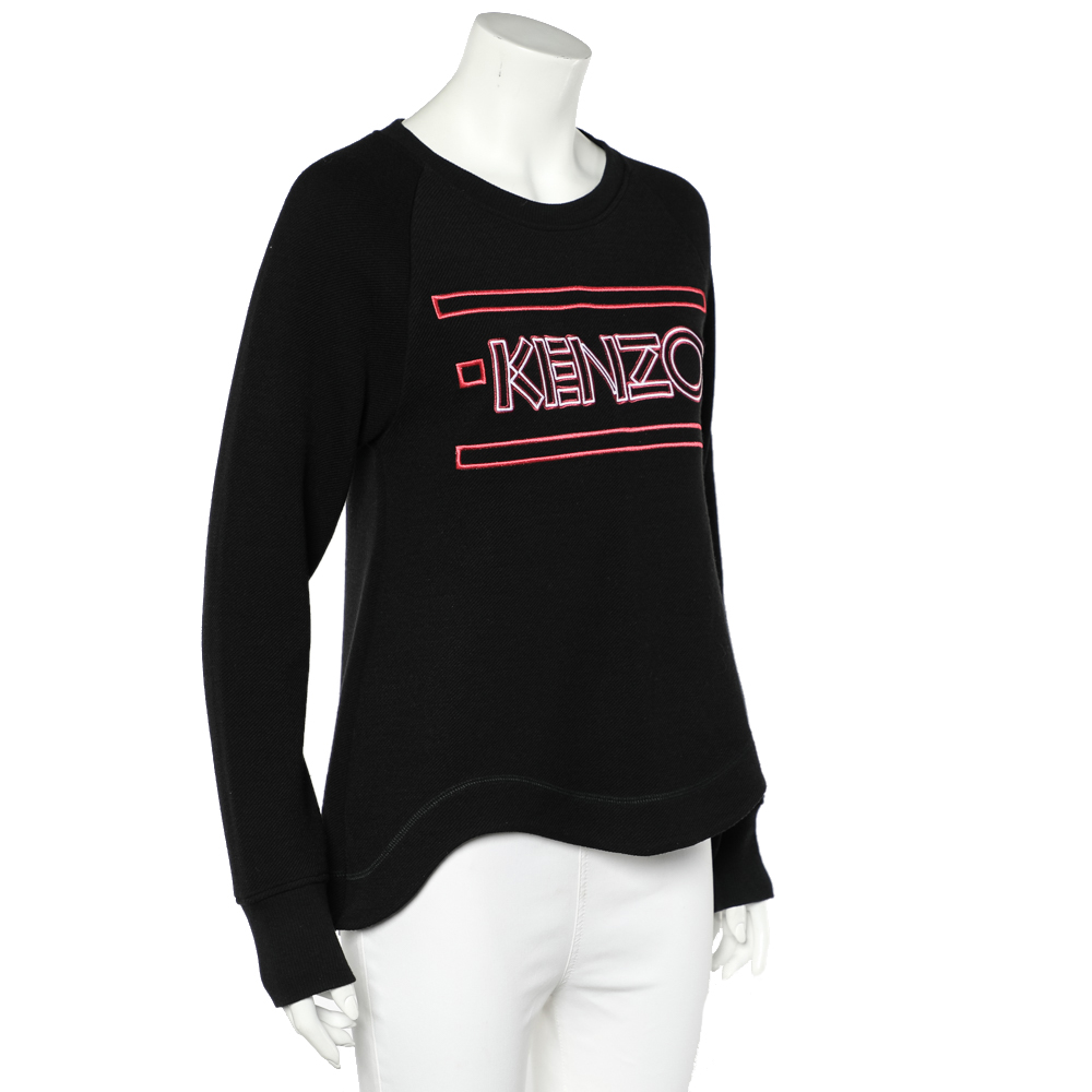 

Kenzo Black Logo Embroidered Wool Blend Asymmetric Hem Sweater