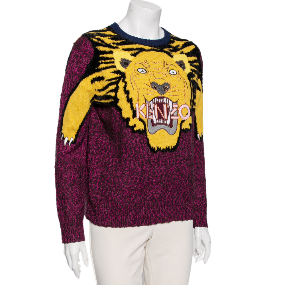 

Kenzo Multicolored Tiger Logo Intarsia Knit & Mohair Trimmed Sweater, Multicolor