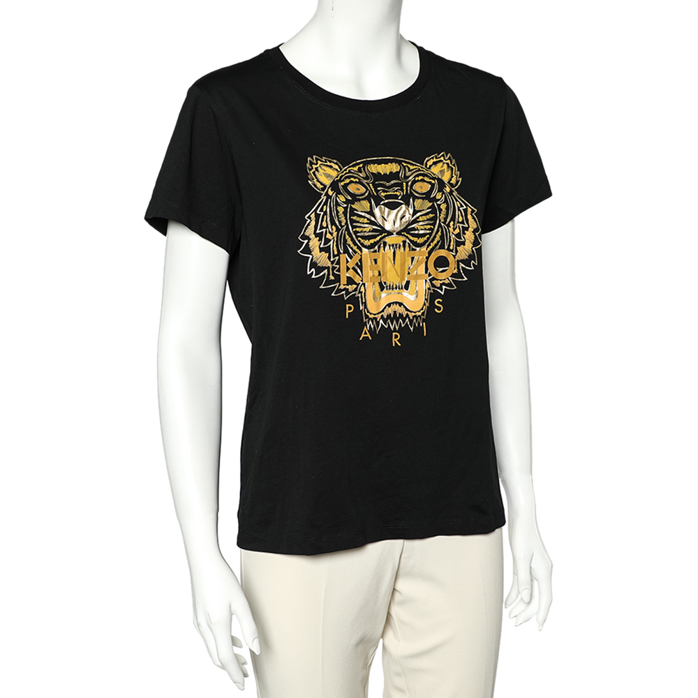 

Kenzo Black Metallic Tiger Printed Cotton Crewneck T-Shirt
