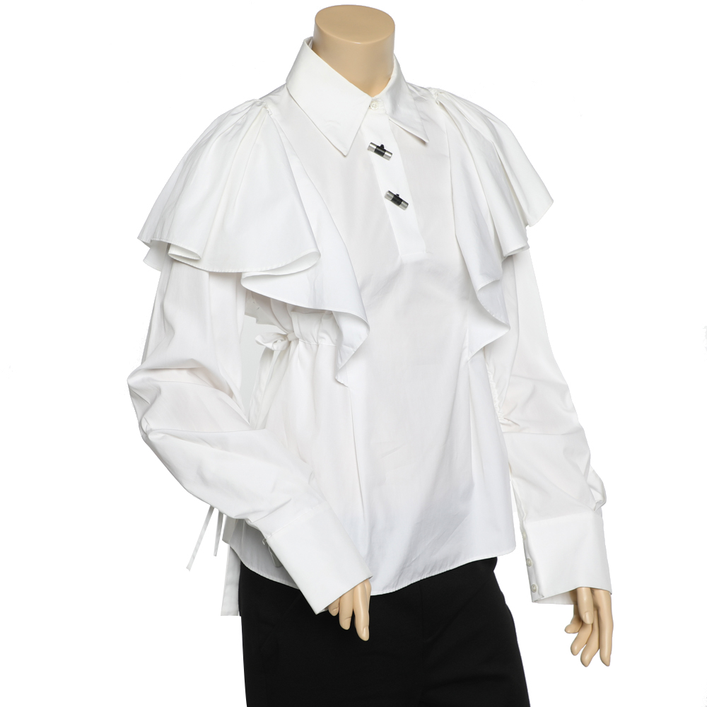 

Kenzo White Cotton Ruffled Overlay Detail Belted Shirt