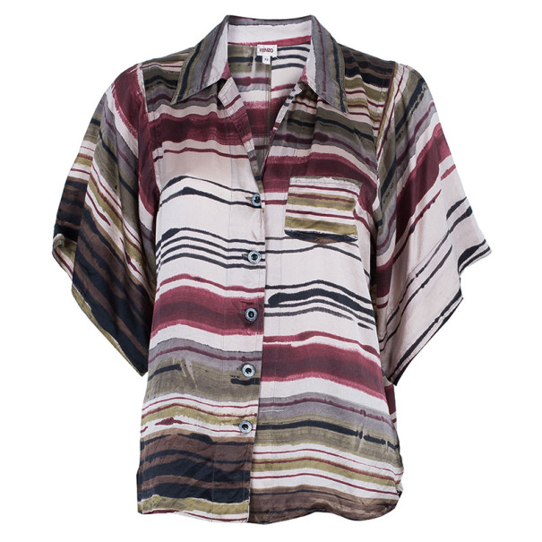 Pre Owned قميص كينزو  حرير طباعة خطوط متعدد الألوان L