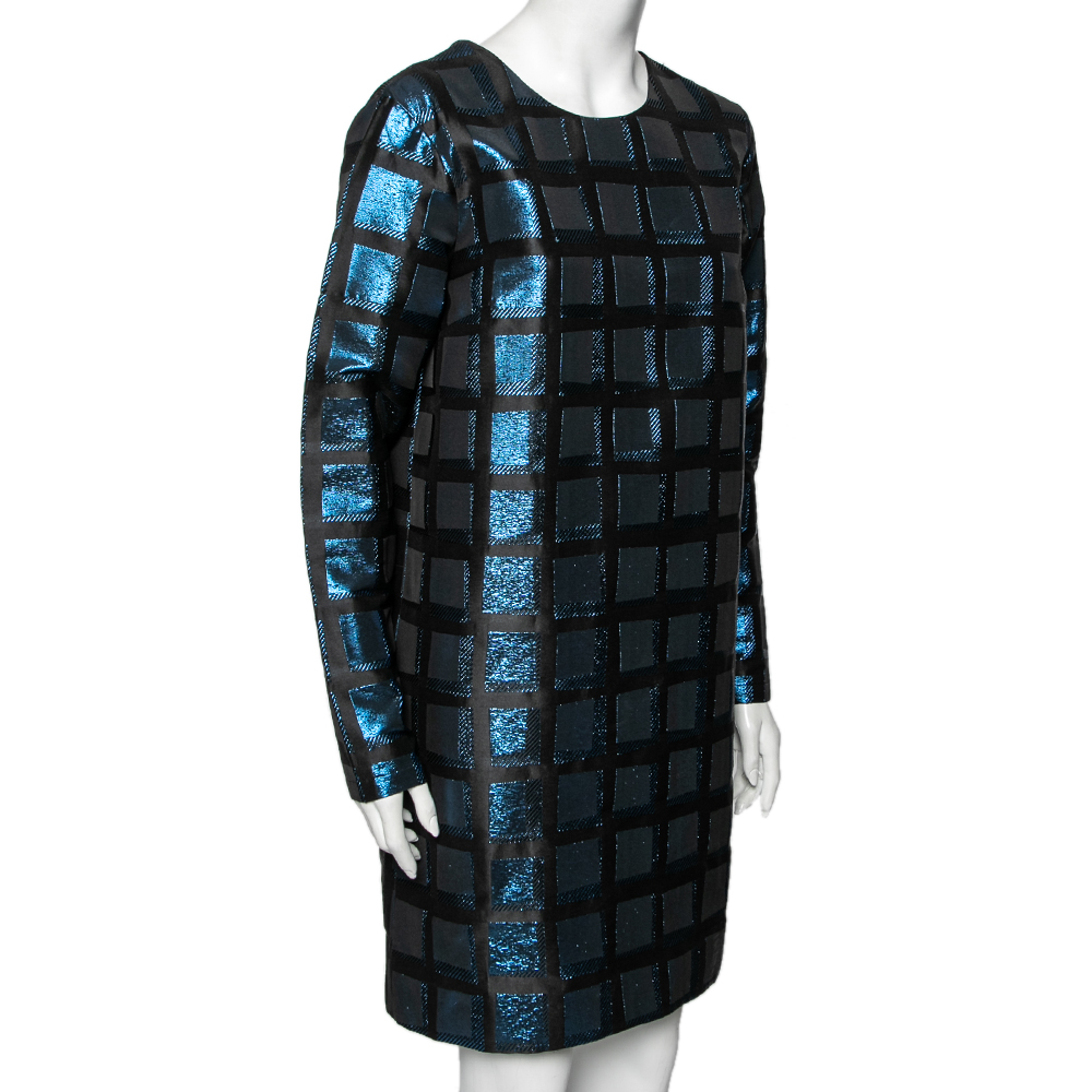 

Kenzo Blue and Black Metallic Square Jacquard Long Sleeve Shift Dress