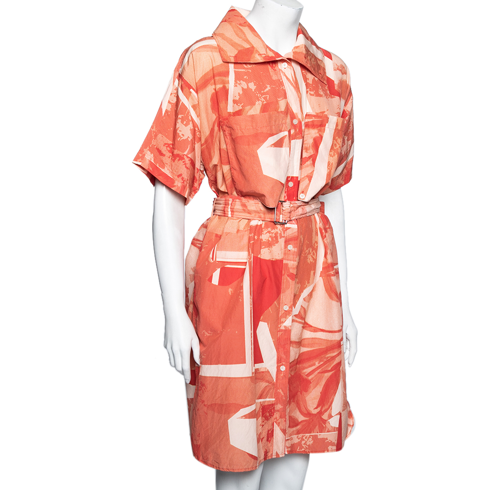 

Kenzo Orange Cut-Out Flower Print Cotton & Silk Belted Shirt Dress
