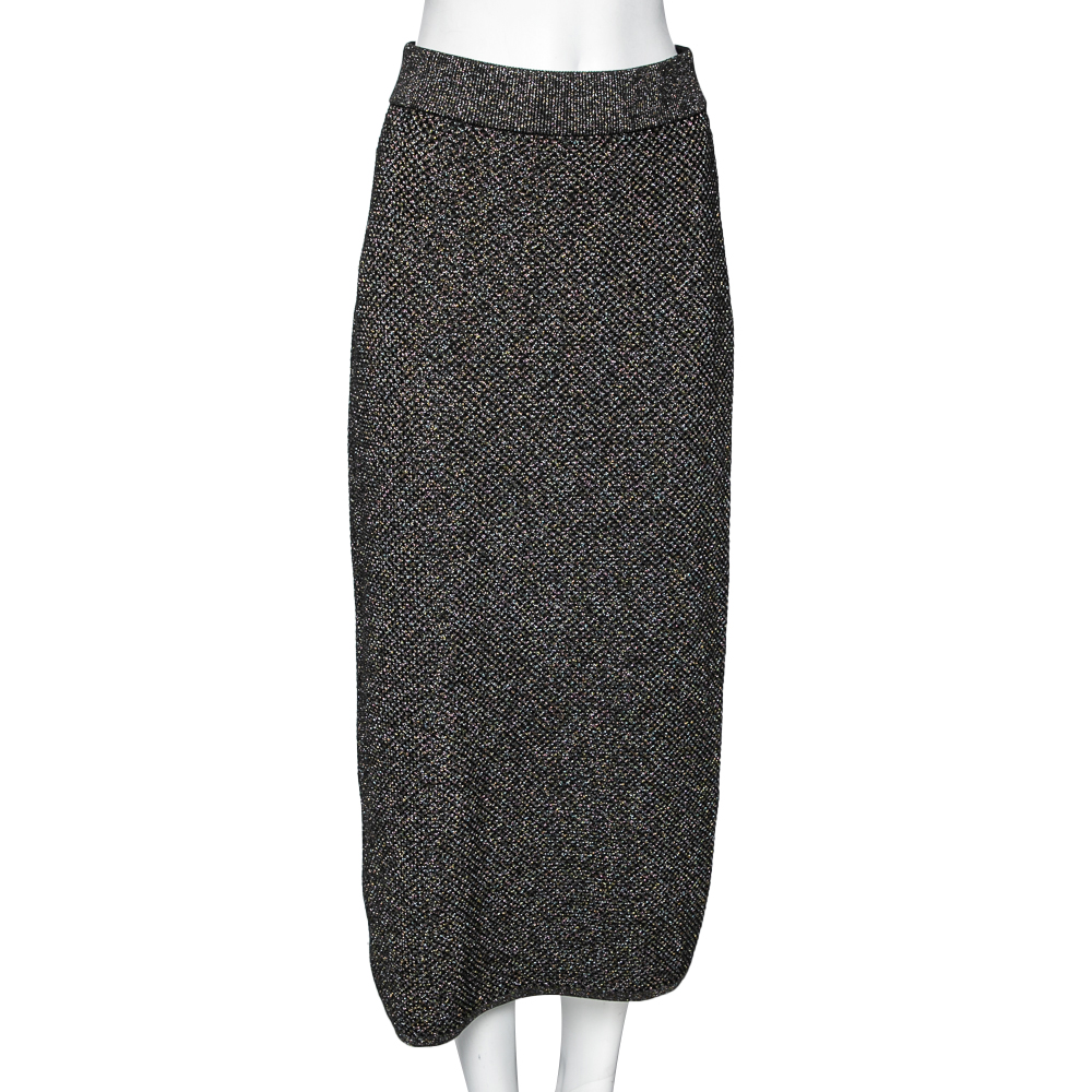 

Kenzo Black Patterned Lurex Knit Midi Pencil Skirt