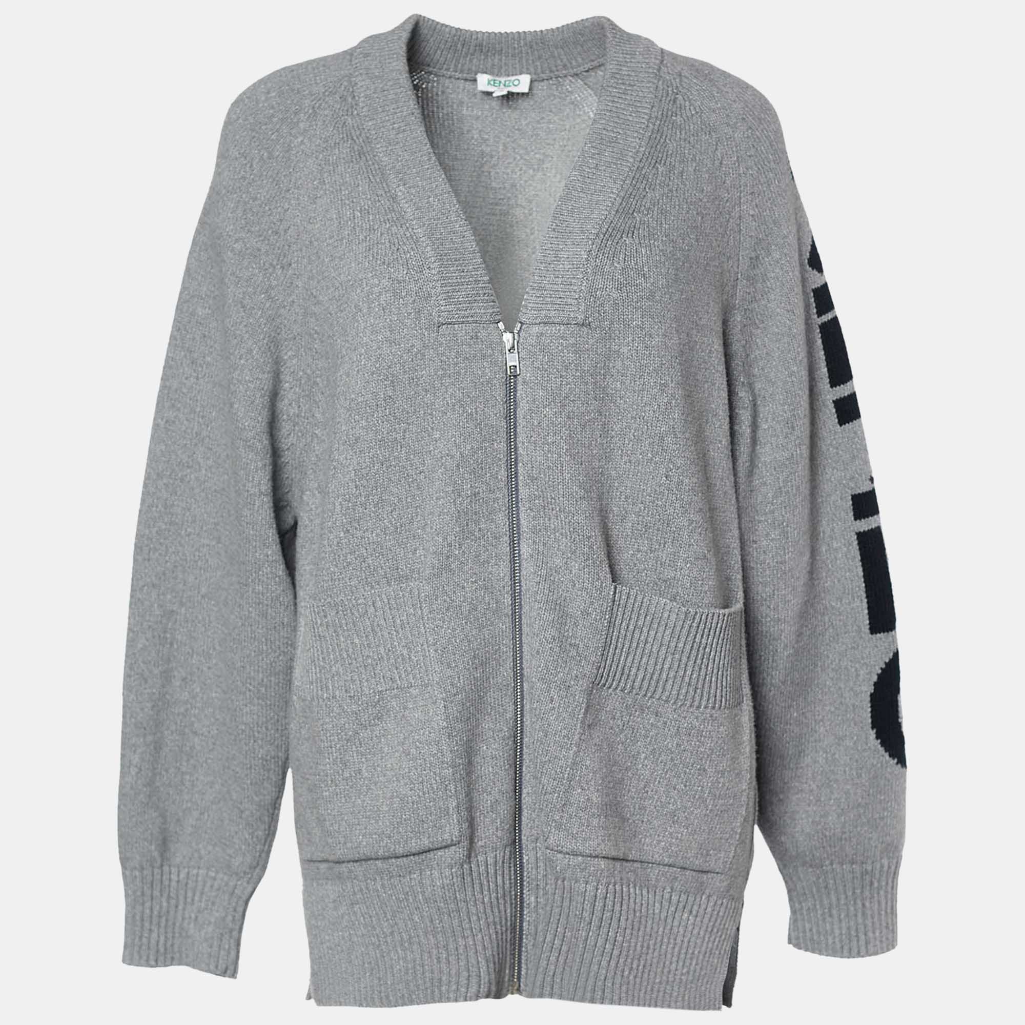 مملوكة مسبقًا Kenzo Grey Logo Intarsia Knit Pocketed Zip Front Jacket S