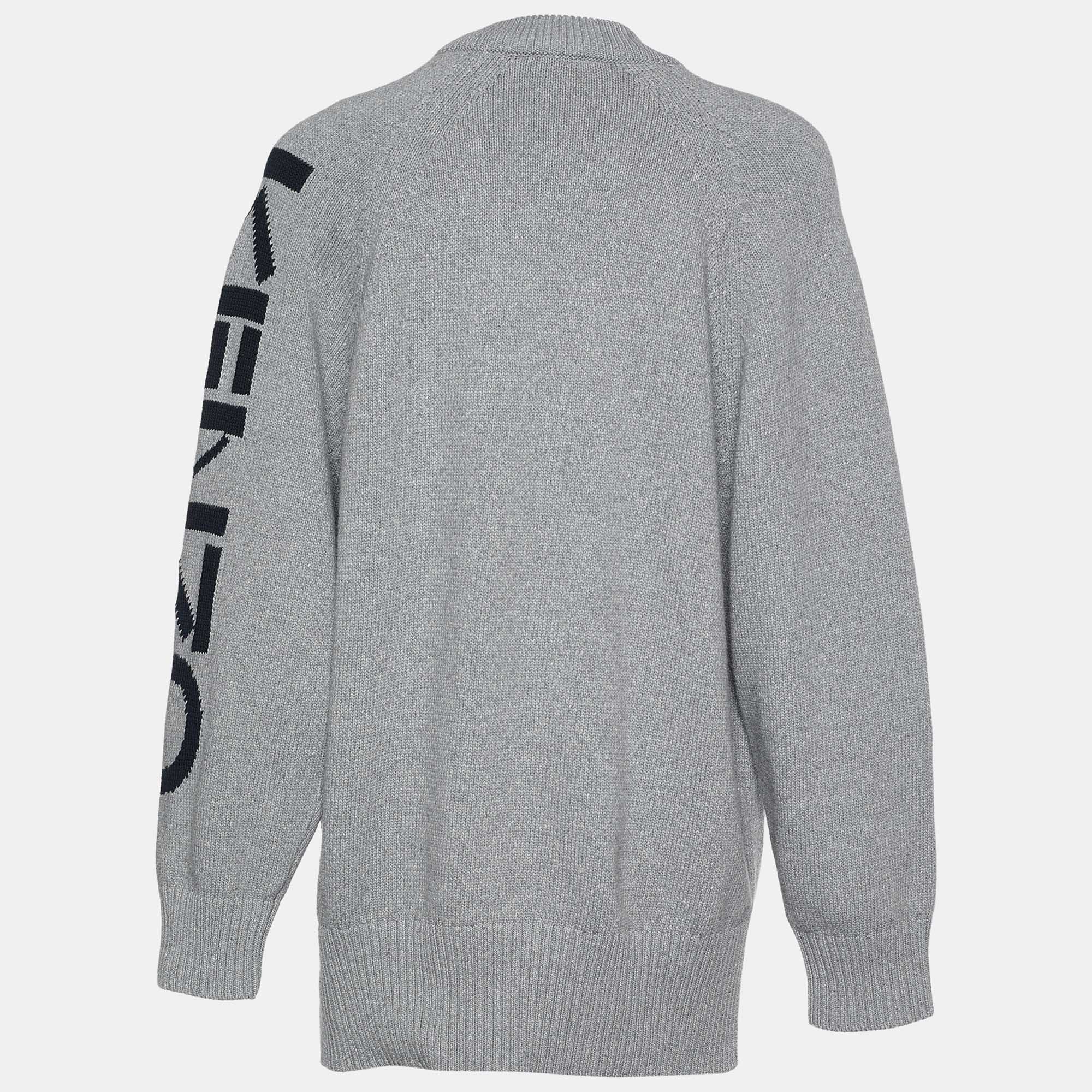 

Kenzo Grey Logo Intarsia Knit Pocketed Zip Front Jacket