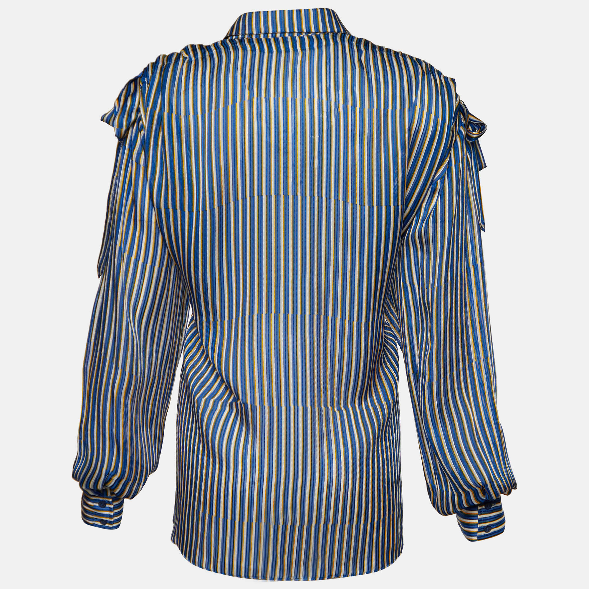 

Kenzo Blue Striped Silk Shoulder Tie Detail Button Front Blouse
