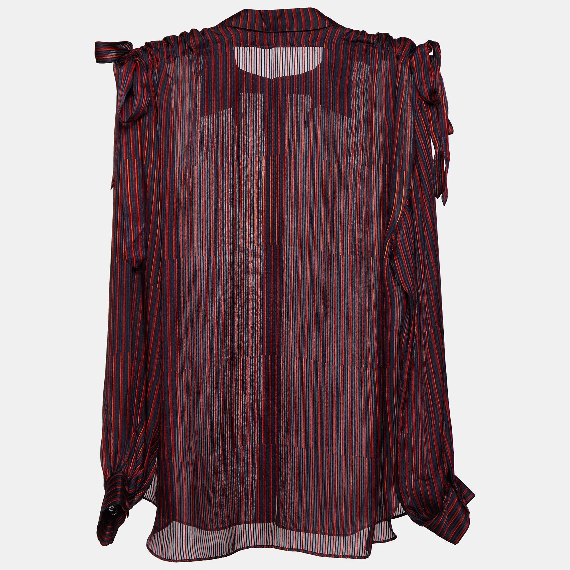 

Kenzo Black Striped Silk Shoulder Tie Detail Button Front Blouse
