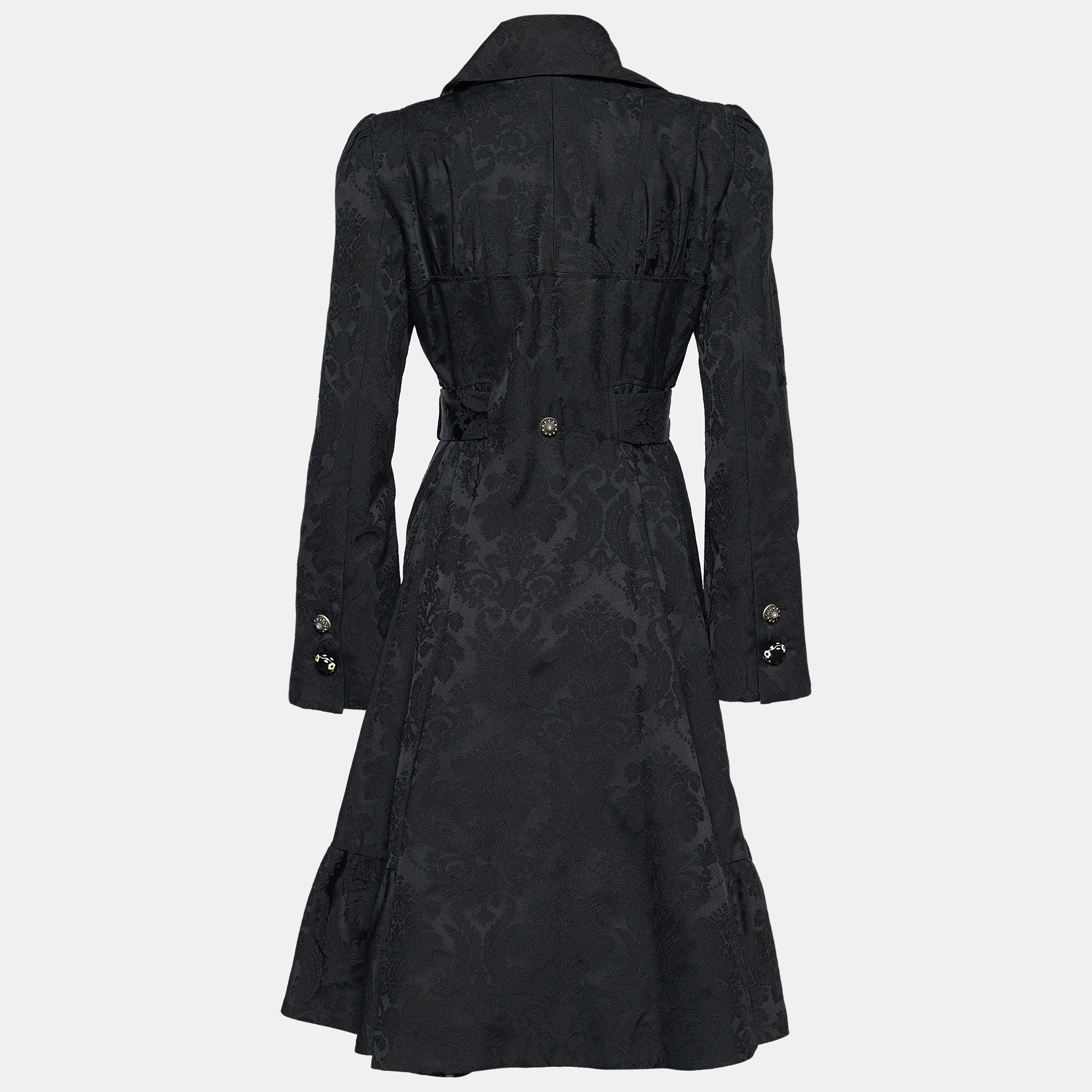 

Kenzo Black Floral Jacquard Belted Single Breasted Coat