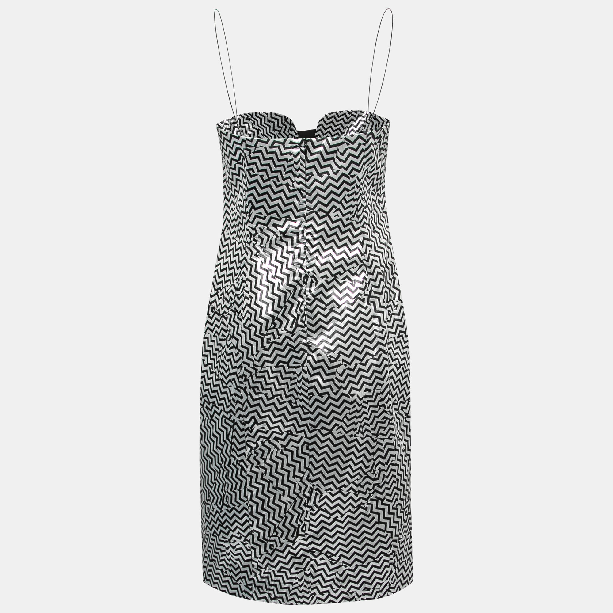 

Kenzo Black & Silver Zig-Zag Lurex Jacquard Strapless Dress