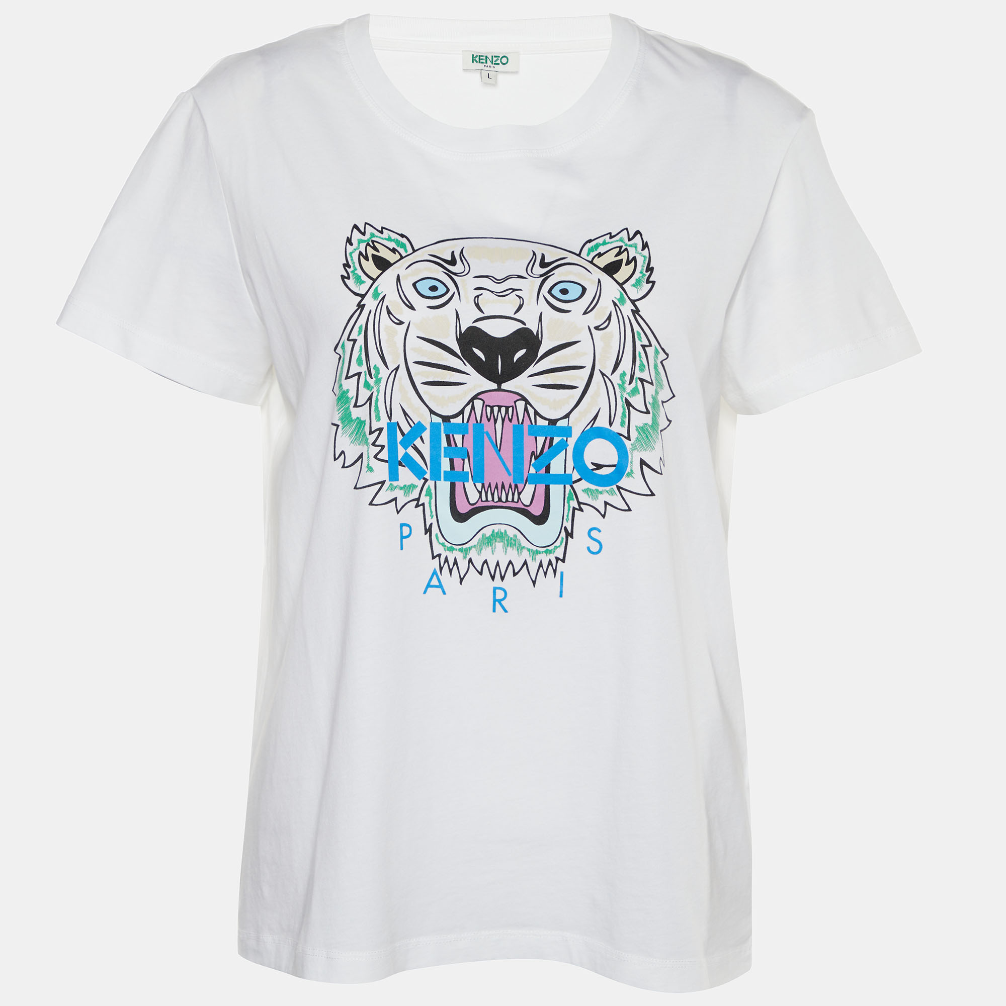 Pre-owned Kenzo White Tiger Print Cotton Crew Neck T-shirt L