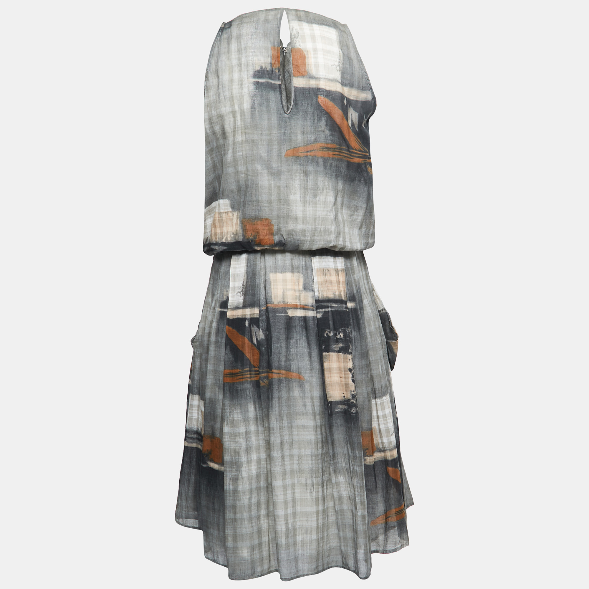 

Kenzo Grey Abstract Printed Gauze Draped Asymmetrical Midi Dress