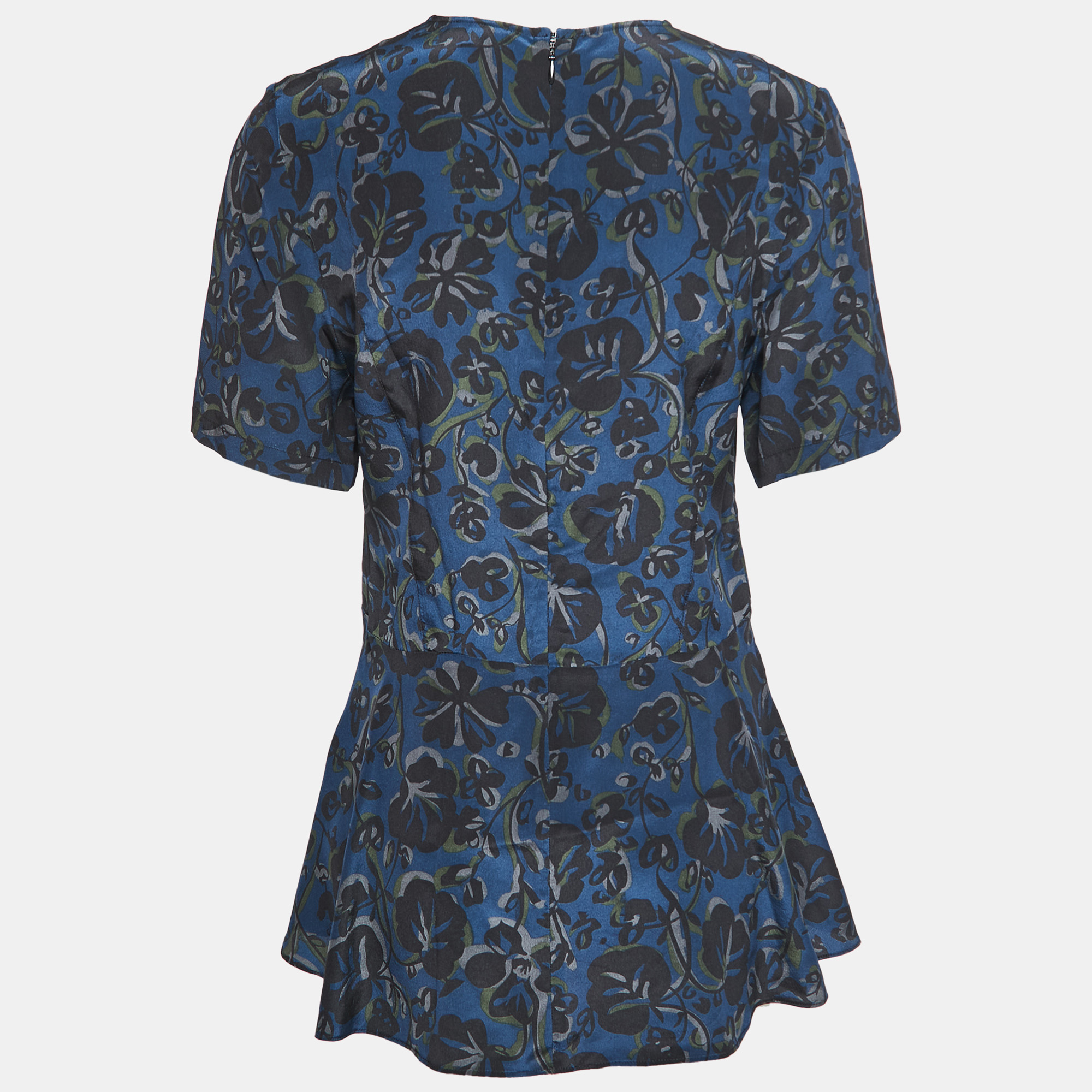 

Kenzo Navy Blue Floral Printed Silk Asymmetrical Peplum Top