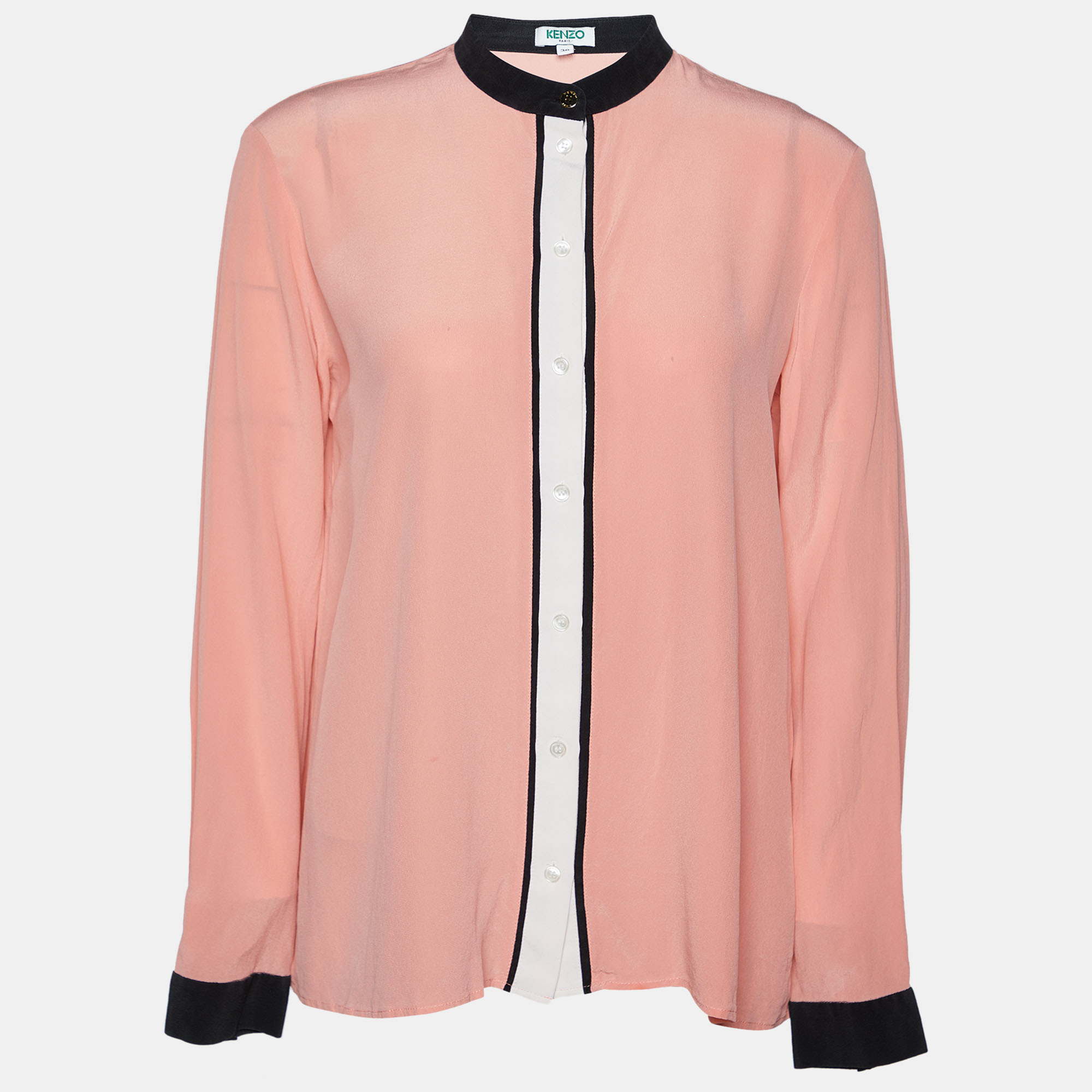 Pre-owned Kenzo Pink Silk Contrast Detail Stand Collar Shirt S