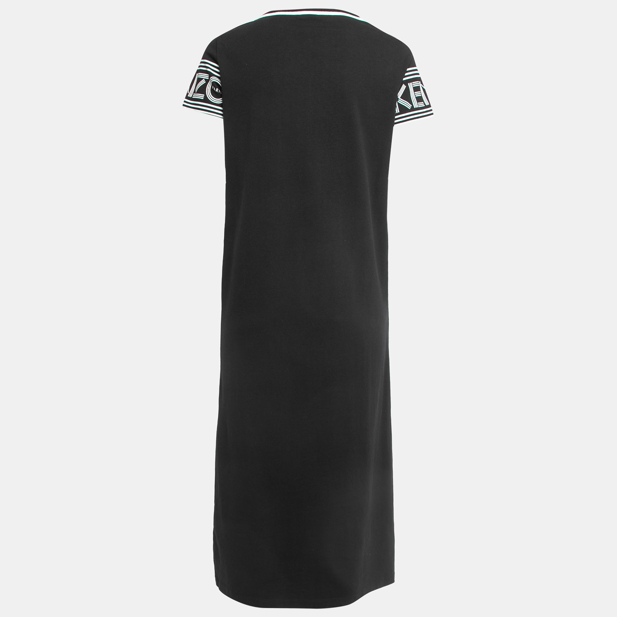 

Kenzo Black Cotton Knit Logo Printed Sleeve Midi Dress
