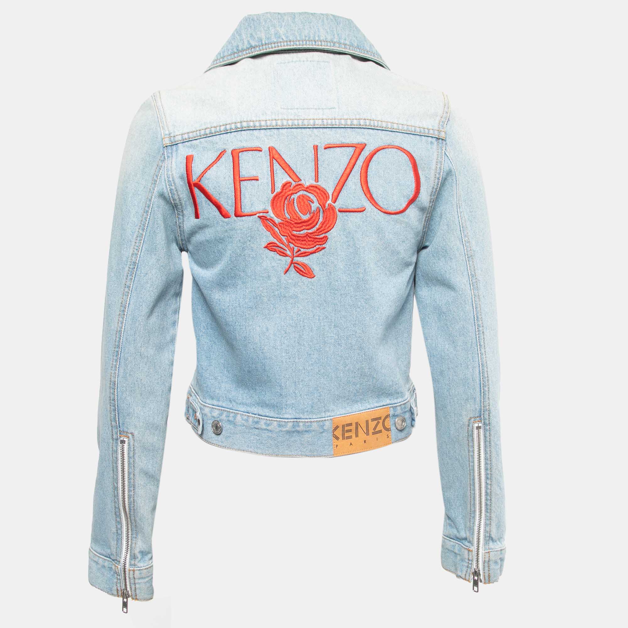 

Kenzo Blue Logo Embroidered Denim Zip Front Cropped Jacket